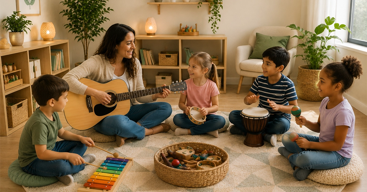 Music therapy session in Mississauga using instruments rhythm and creative emotional support
