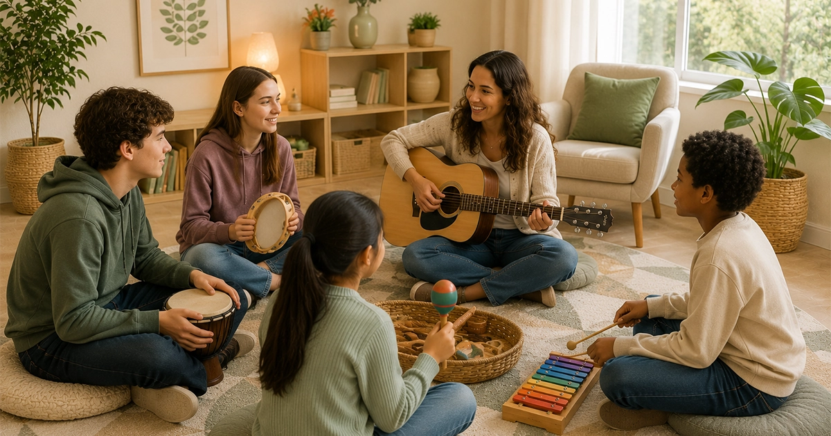 Children and teens using music therapy to express emotions through rhythm sound and creativity