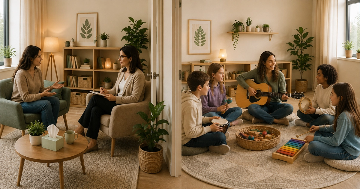 Music therapy and talk therapy comparison showing emotional support through conversation and creative expression